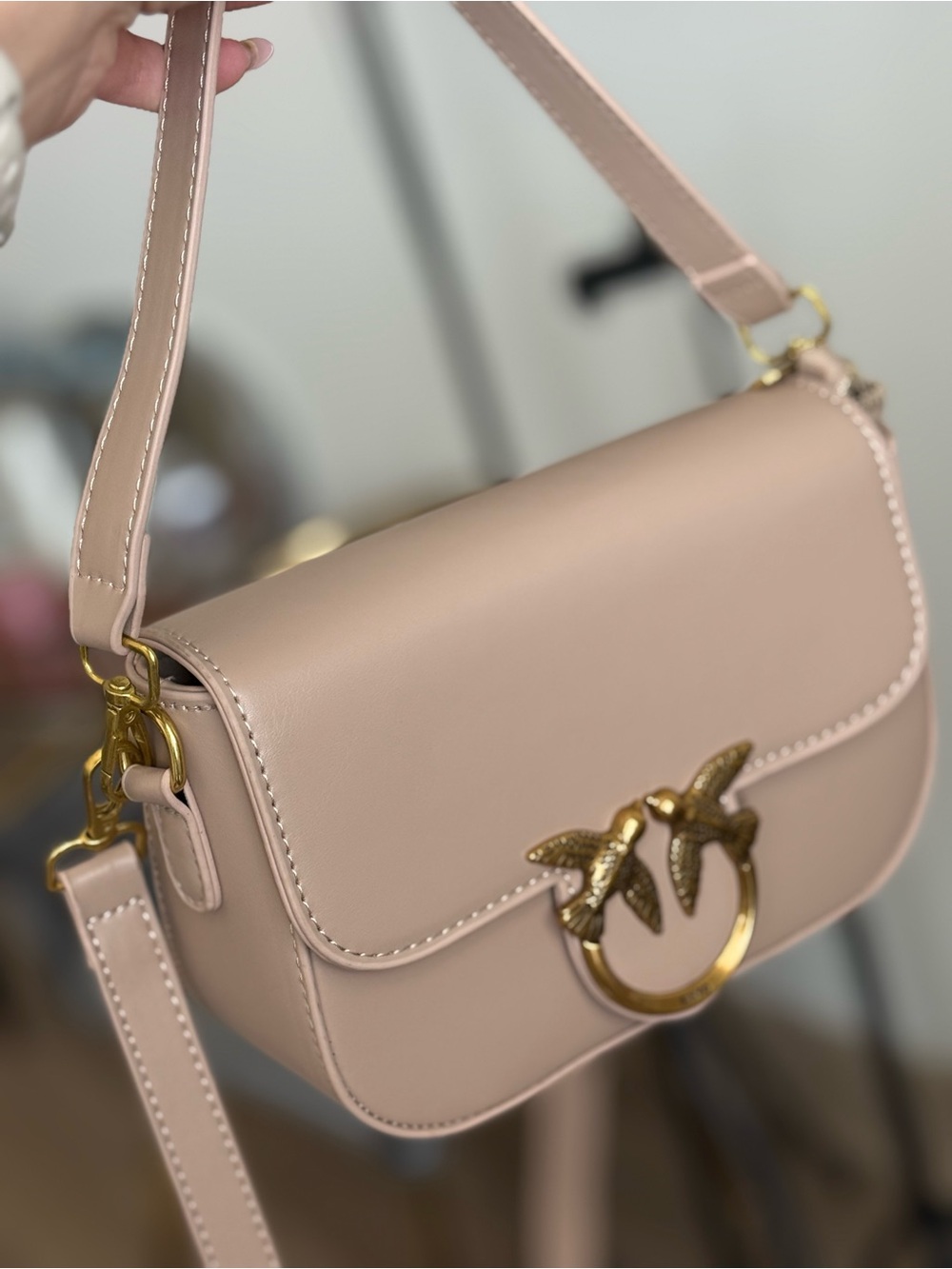 Elegant Blush Leather Crossbody with Gold Bird Ring